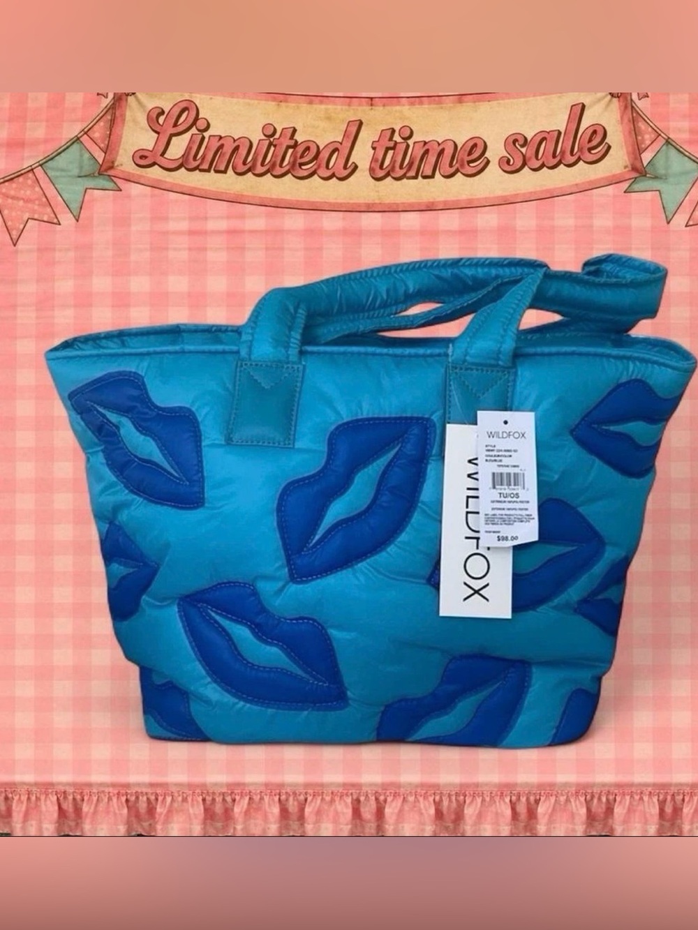 Wildfox Large Blue Colorblock Lips Puffy Quilted Tote Bag
